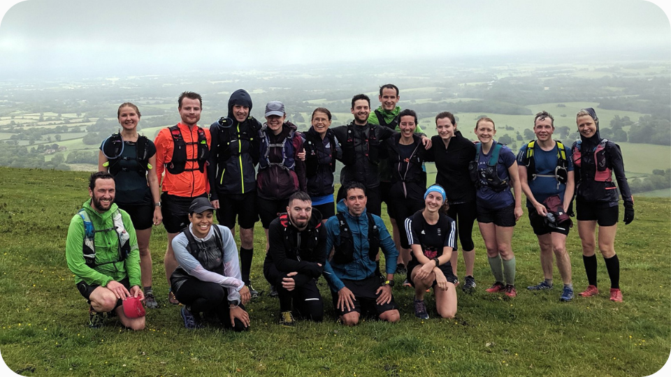 Group of trail runners on the South Downs, Sussex.